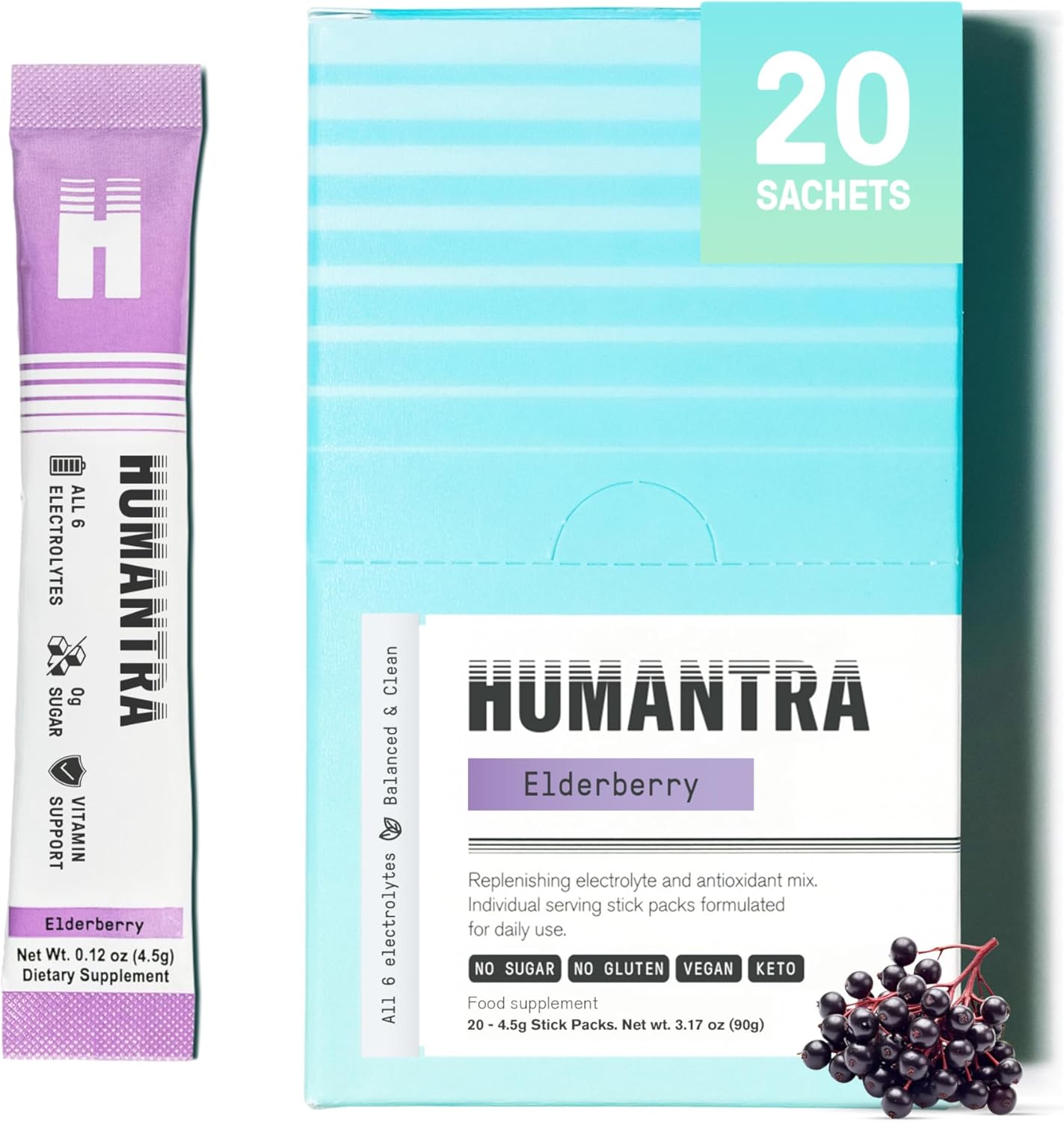 Hydration Packets | Zero Sugar Electrolyte Hydration Multiplier,Immune & Metabolic Functions | Electrolytes Powder (20 count, Elderberry)