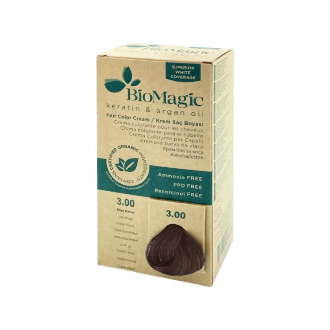 BioMagic Hair Color Cream 3.00 Dark Brown – Permanent Hair Dye with Keratin & Argan Oil