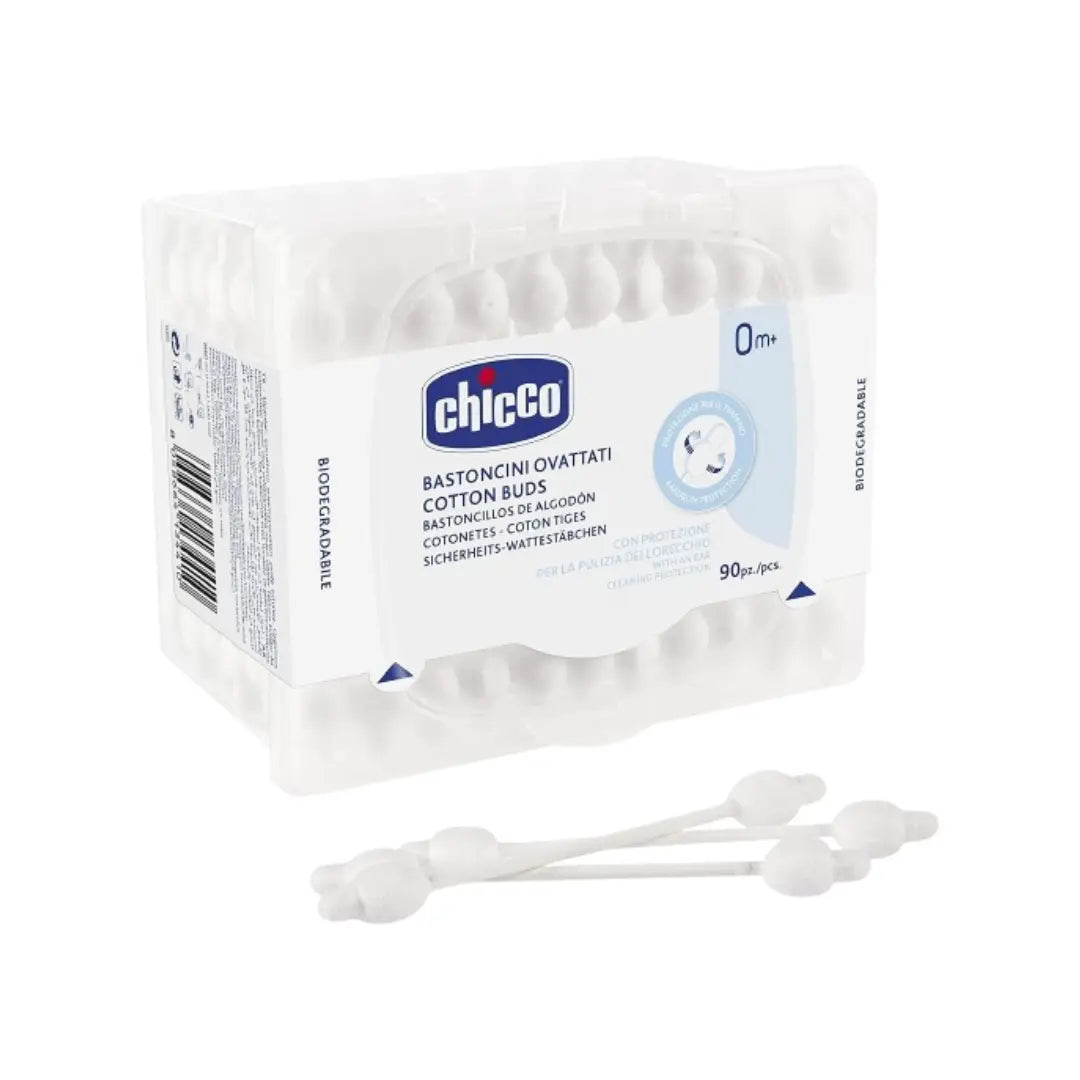 Chicco Cotton Buds with Ear Drum Protection 90s | Baby Safe Cotton Swabs for Gentle Cleaning