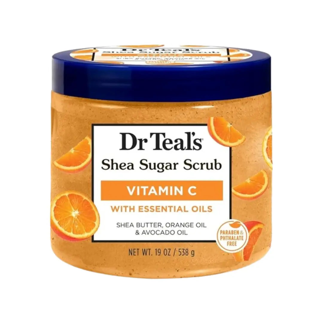 Dr. Teal’s Shea Sugar Scrub Vitamin C 538g – brightening exfoliating body scrub with sugar crystals and citrus oils.