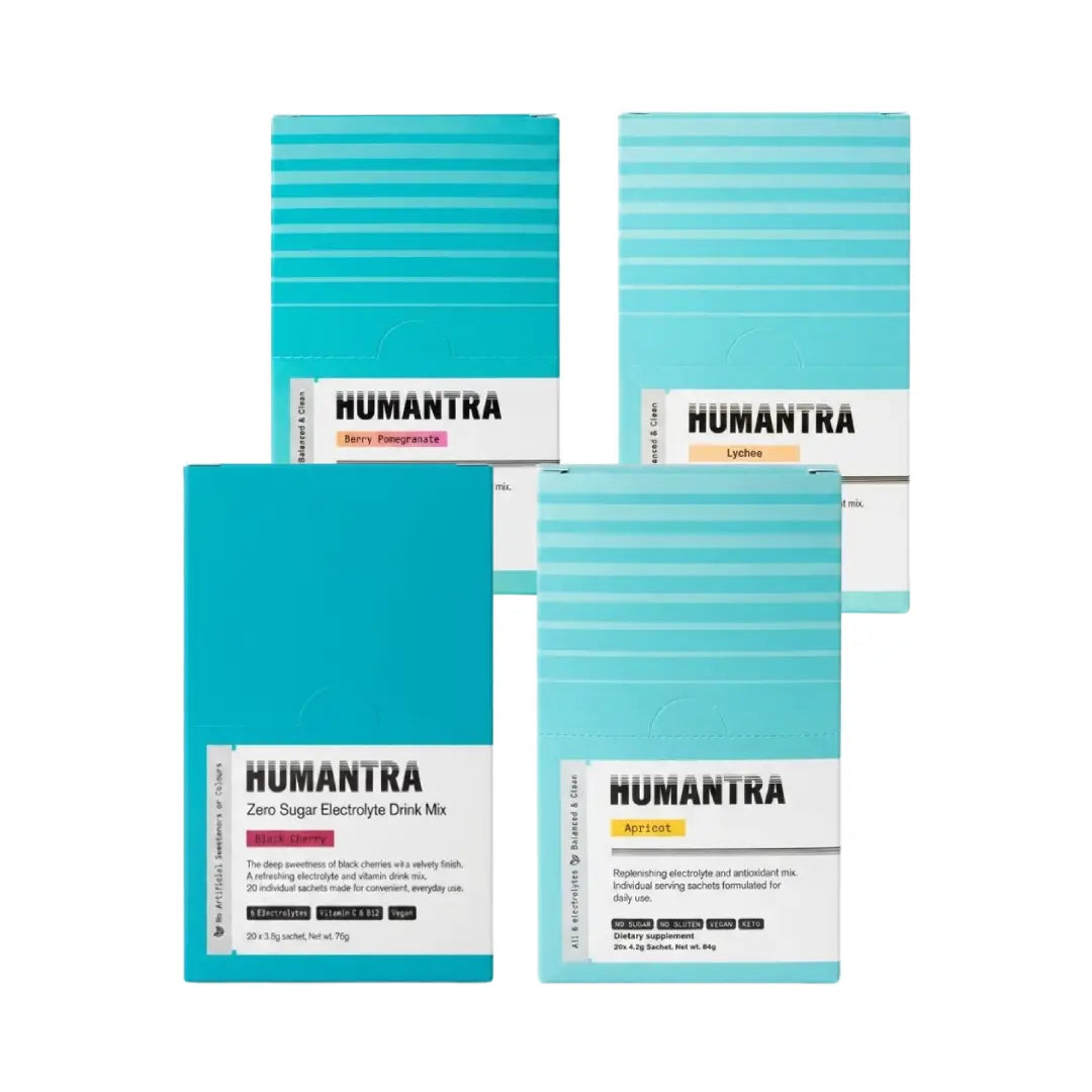 Humantra Hydration Packets Sachets 20s Pack of 4 - Black Cherry, Lychee, Berry Pomegranate & Apricot - Electrolyte Hydration Drink Mix