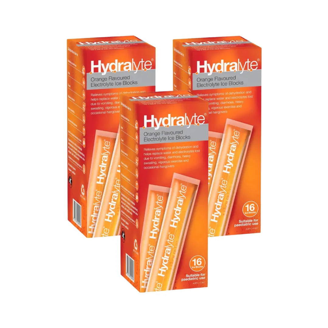 Hydralyte Electrolyte Ice Blocks Orange 16s – 3 Packs | Oral Rehydration Frozen Electrolyte Ice Pops