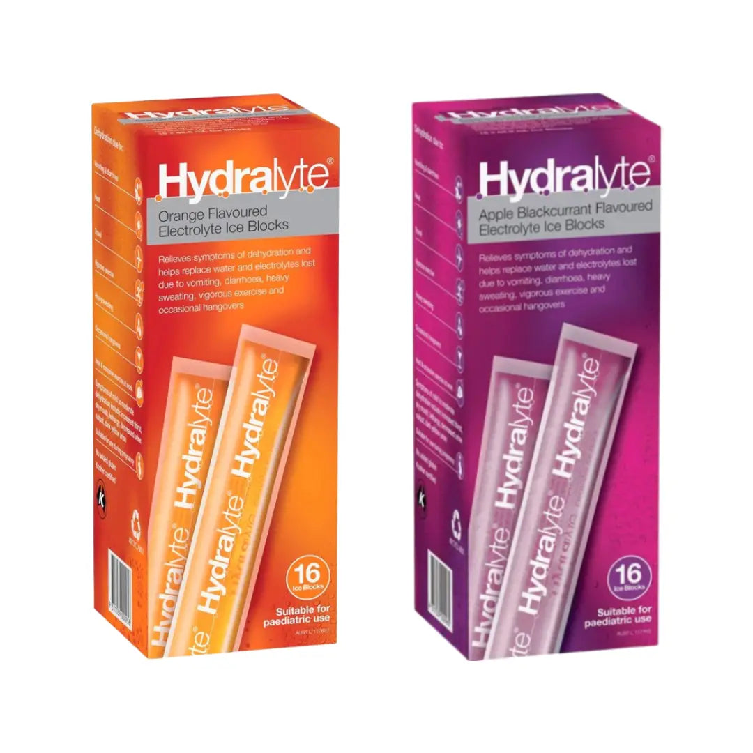Hydralyte Electrolyte Ice Blocks 16s Twin Pack – Orange & Apple Blackcurrant | Oral Rehydration Frozen Electrolyte Ice Pops