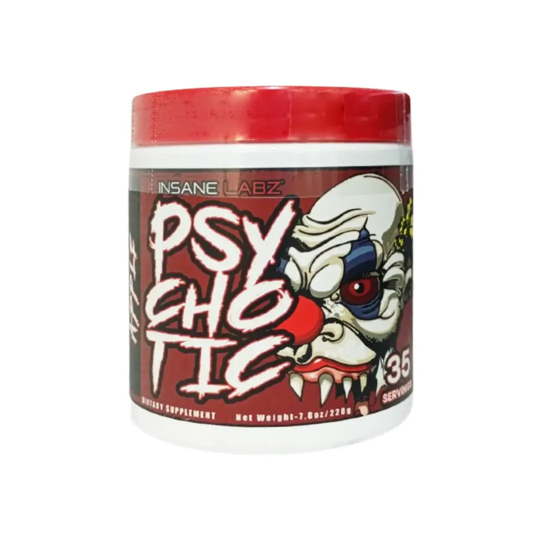 Insane Labz Psychotic Apple pre-workout powder 220g tub with 35 servings, caffeine-based energy and focus supplement, green apple flavor label packaging