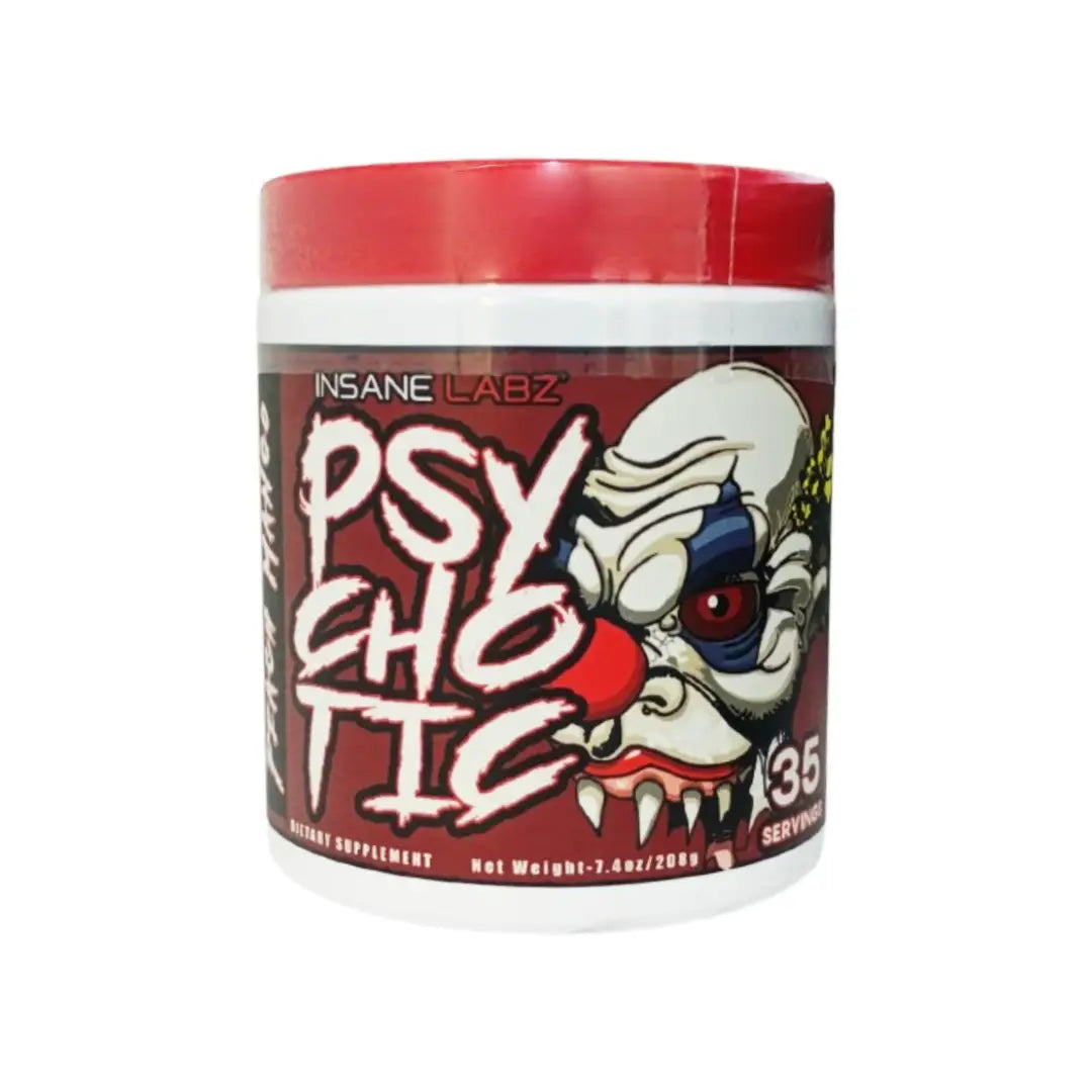 Insane Labz Psychotic Peach Mango pre-workout powder 208g tub with 35 servings, caffeine-based energy and focus supplement, peach mango flavor label packaging