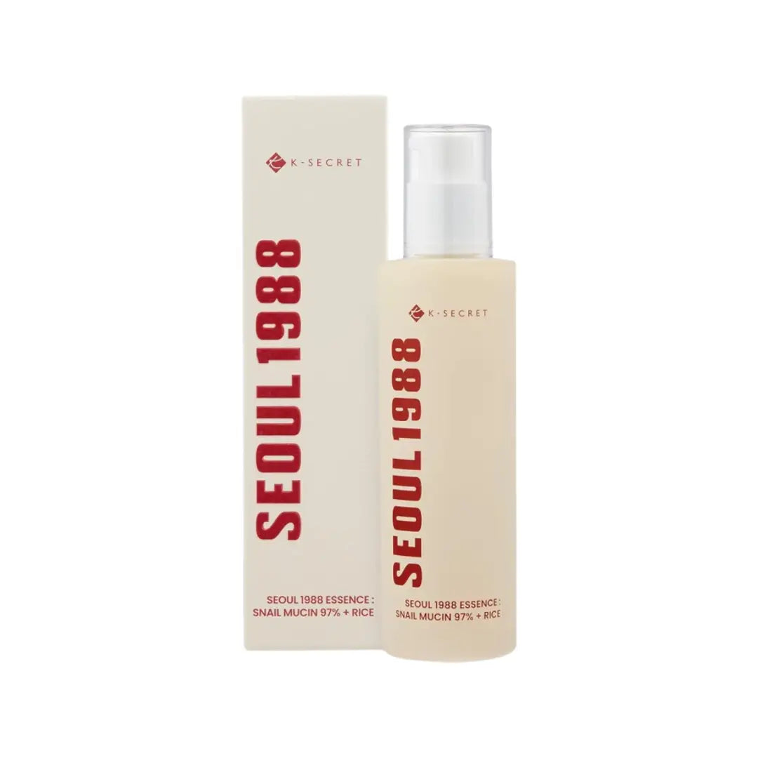 K-Secret Seoul 1988 Essence Snail Mucin 97% + Rice 100ml hydrating brightening Korean skincare essence bottle.