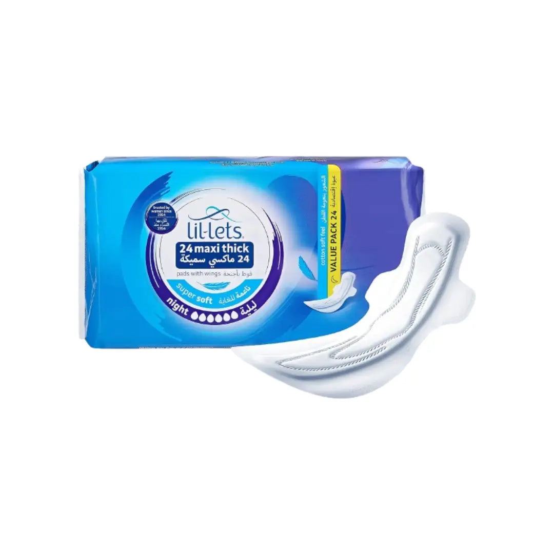 Lil-Lets Maxi Thick Super Soft Night Pads with Wings 24s | Overnight Heavy Flow Sanitary Pads