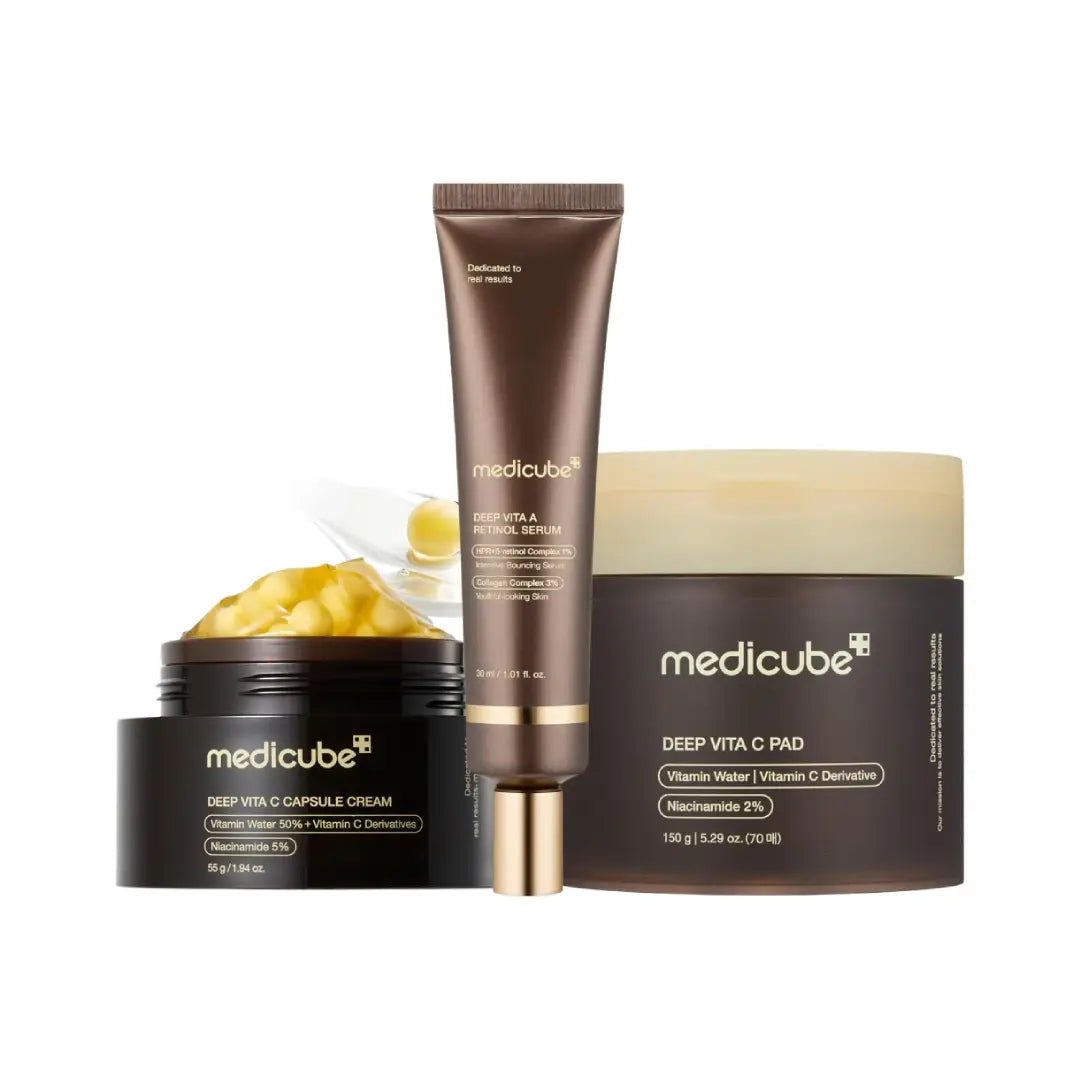 Medicube Deep Vita Skincare Set | Vita C Pads, Capsule Cream & Retinol Serum | Brightening & Anti-Aging Care
