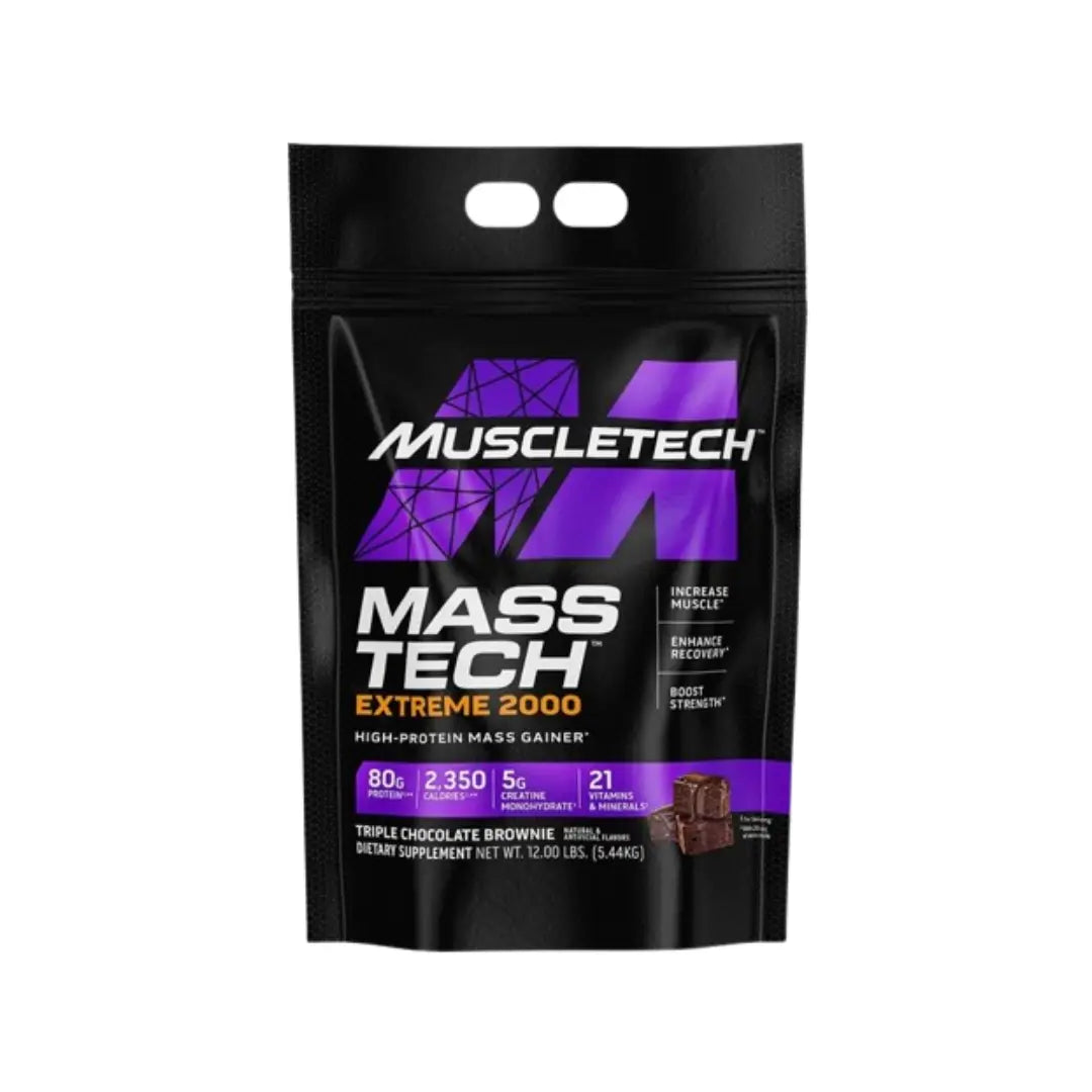 MuscleTech Mass Tech Extreme 2000 Triple Chocolate Brownie 12lbs high-calorie mass gainer powder container