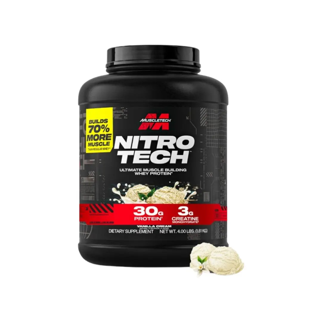 MuscleTech Nitro-Tech Whey Protein 4lbs Vanilla Cream tub packaging