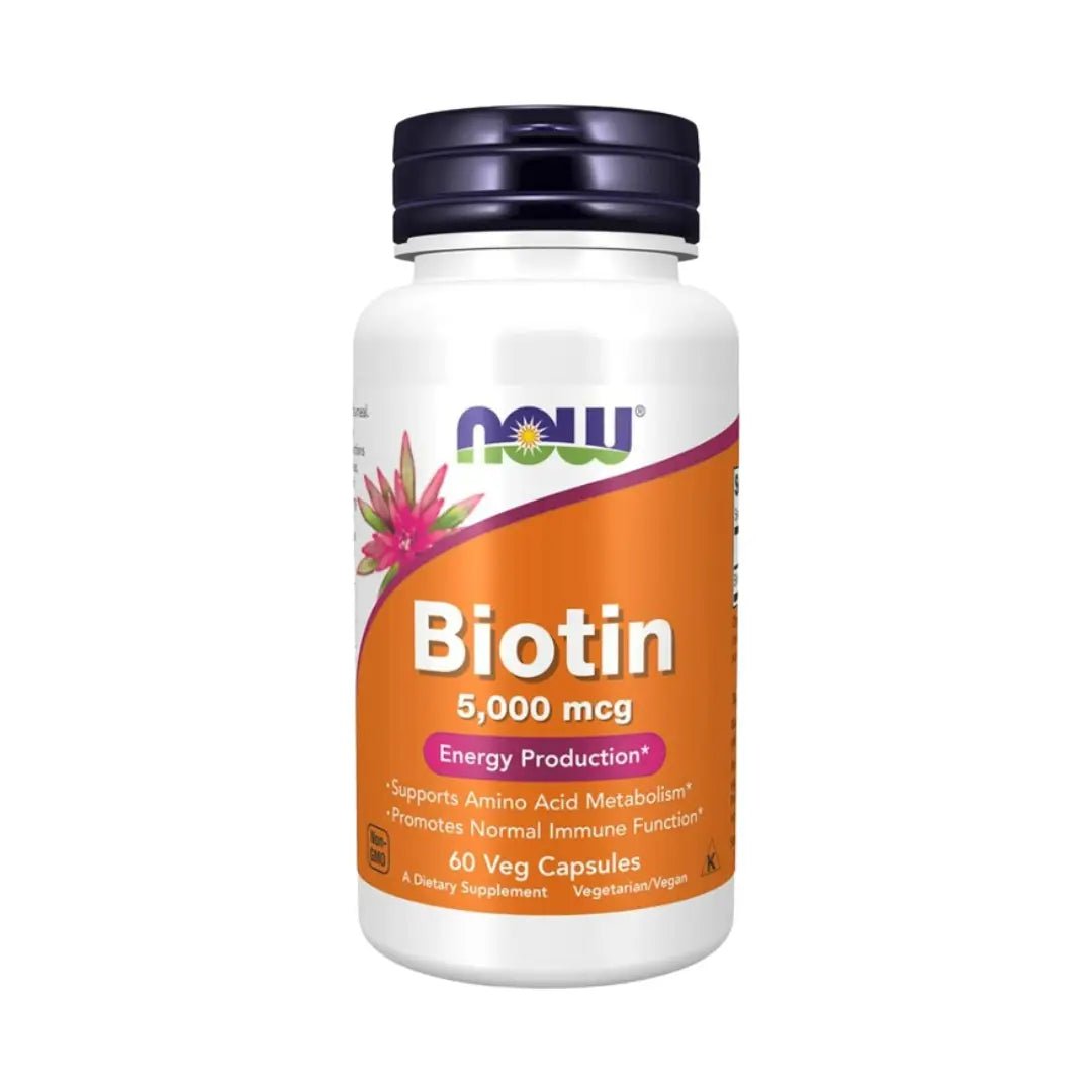 NOW Biotin 5000 mcg 60 Capsules for healthy hair, skin, and nails