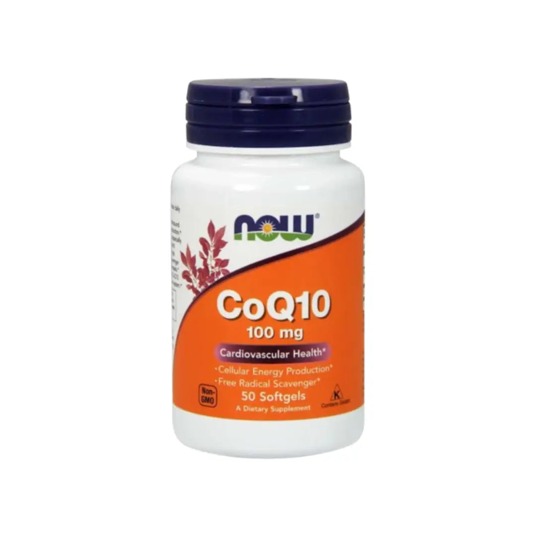 NOW CoQ10 100mg Softgels 50s bottle – antioxidant and cellular energy support supplement.