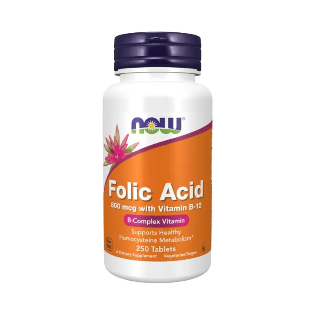NOW Folic Acid 800mcg with Vitamin B12 Tablets 250s – Daily B-Vitamin Support
