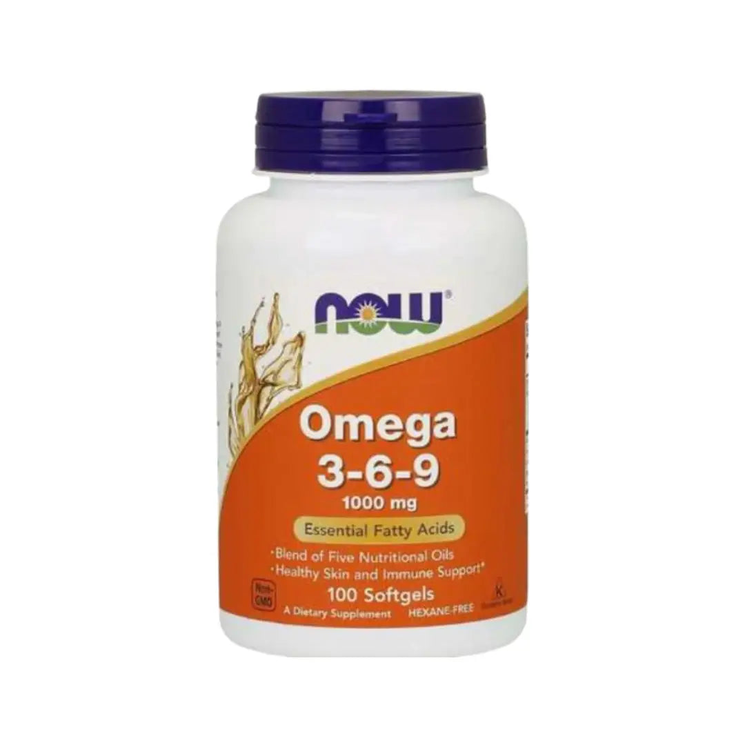 NOW Omega 3-6-9 1000mg 100s essential fatty acids supplement bottle.