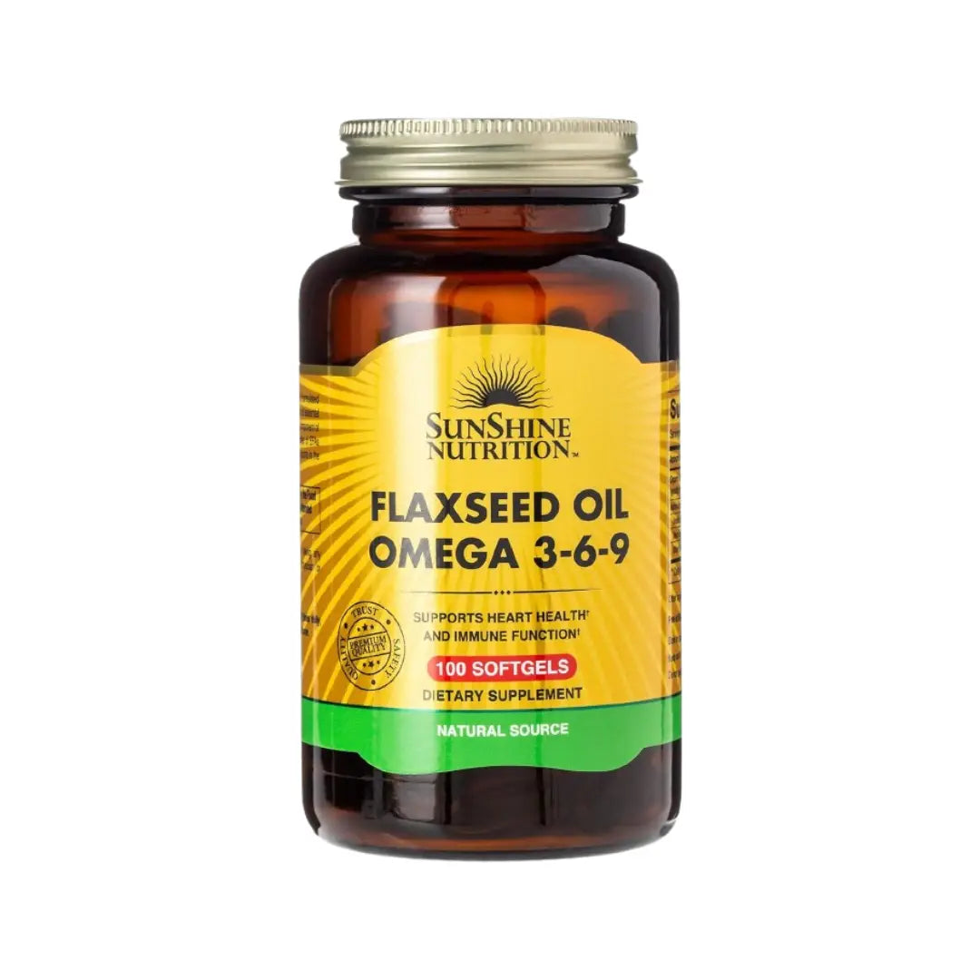 Sunshine Nutrition Flaxseed Oil Omega 3-6-9 Softgels 100s – Plant-Based Essential Fatty Acids Supplement for Daily Wellness