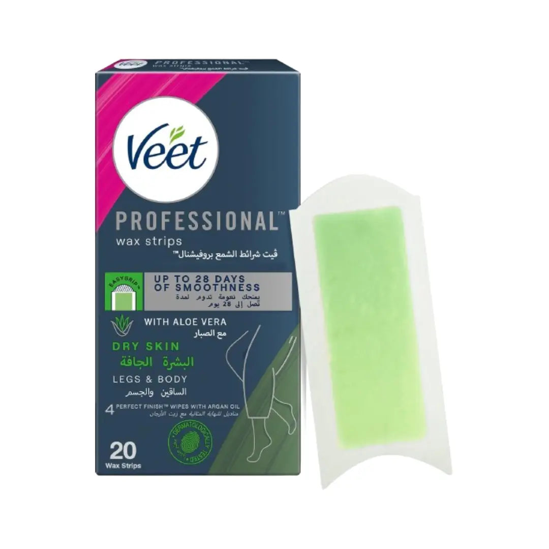 Veet Professional Wax Strips Legs & Body Dry Skin 20s + 4 Wipes | Easy Gel Hair Removal | Long-Lasting Smoothness
