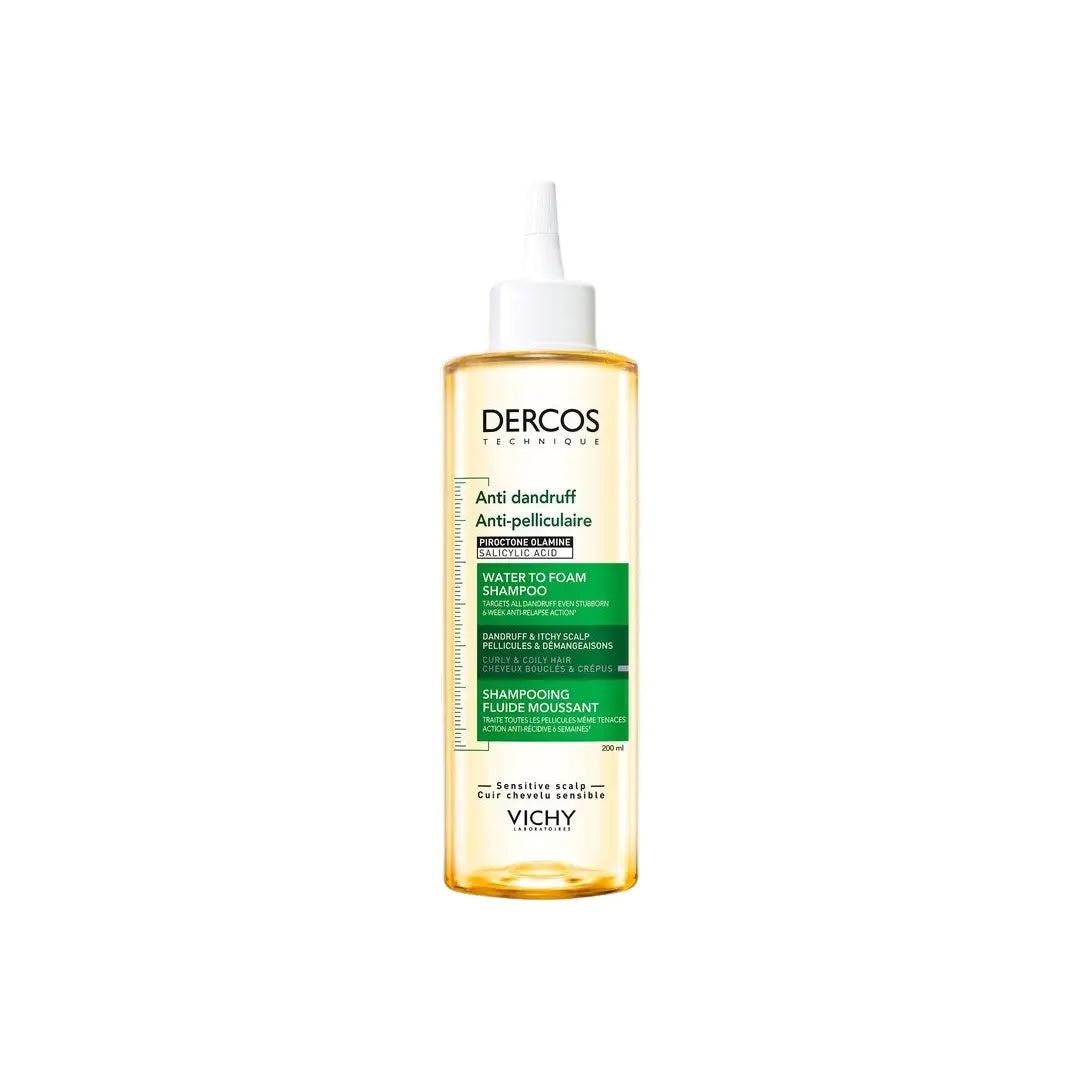Vichy Dercos Water to Foam Shampoo 200ml lightweight foaming shampoo for gentle hair and scalp cleansing.