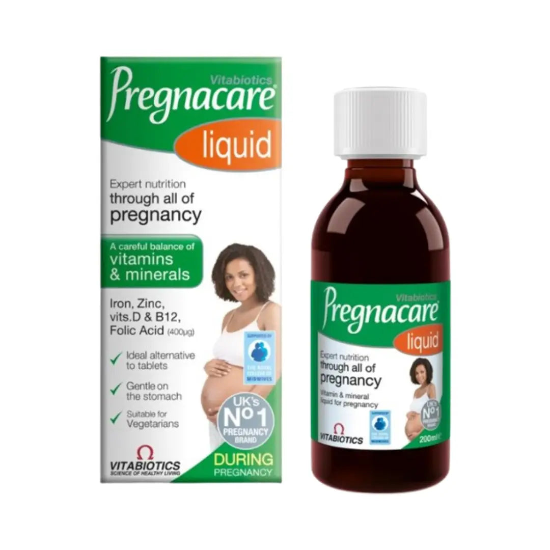 Vitabiotics Pregnacare Liquid 200ml prenatal multivitamin supplement with vitamins, minerals, and omega-3 DHA for healthy pregnancy and maternal wellbeing