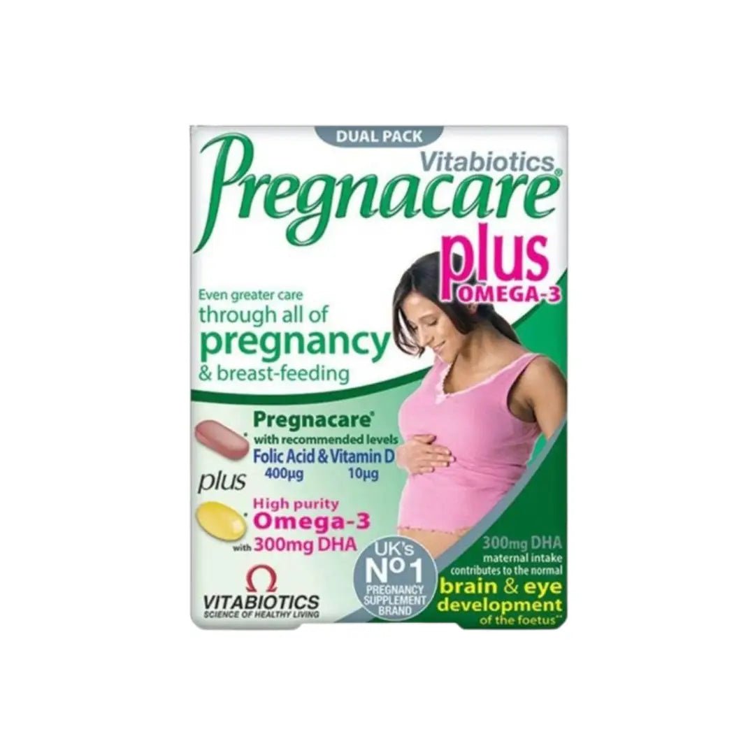 Vitabiotics Pregnacare Plus Omega-3 Dual Pack 56s prenatal supplement with vitamins, minerals, and omega-3 DHA to support pregnancy health and baby development