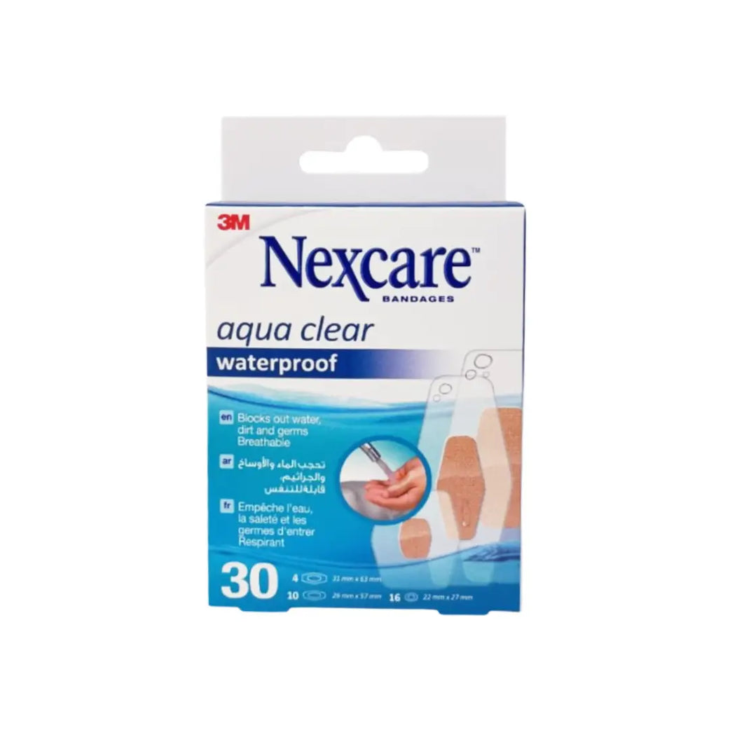 3M Nexcare Aqua Clear Waterproof Bandage 30 pack box front view