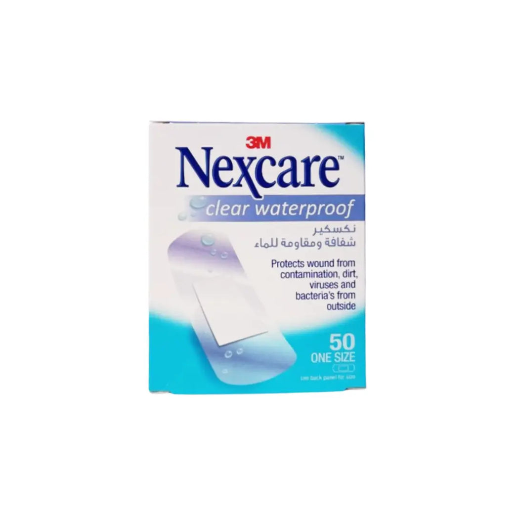 3M Nexcare Clear Maxi Waterproof Bandage 50 pack box front view
