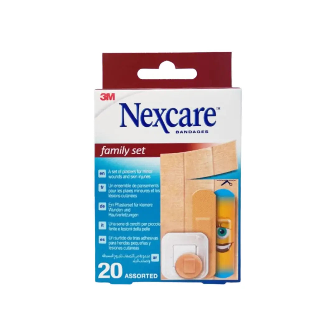 3M Nexcare Family Set Plaster 20 pack assorted adhesive bandages for cuts and scrapes, providing reliable everyday wound protection for the whole family.