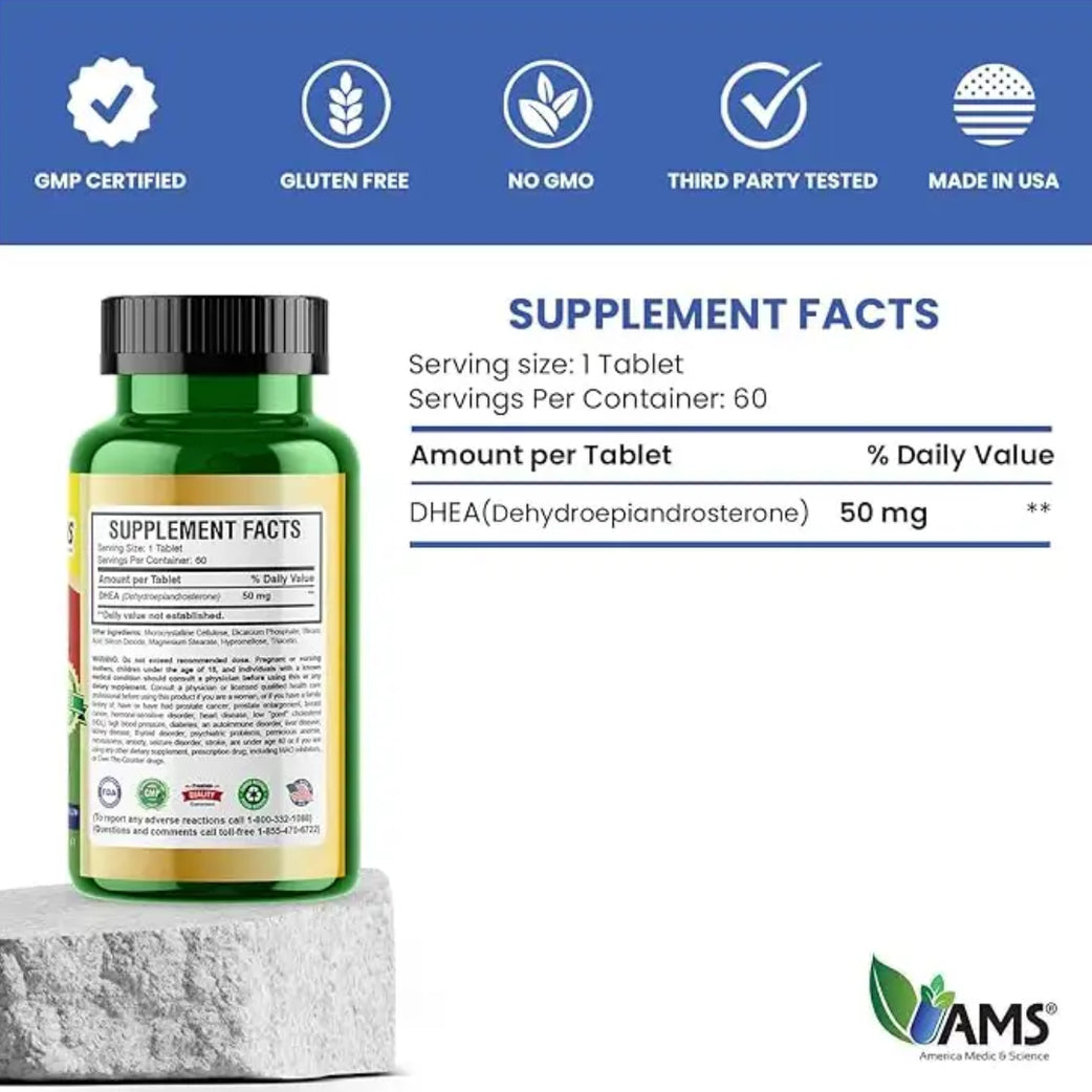 AMS DHEA 50mg Tablets 60s provide 50 mg of DHEA