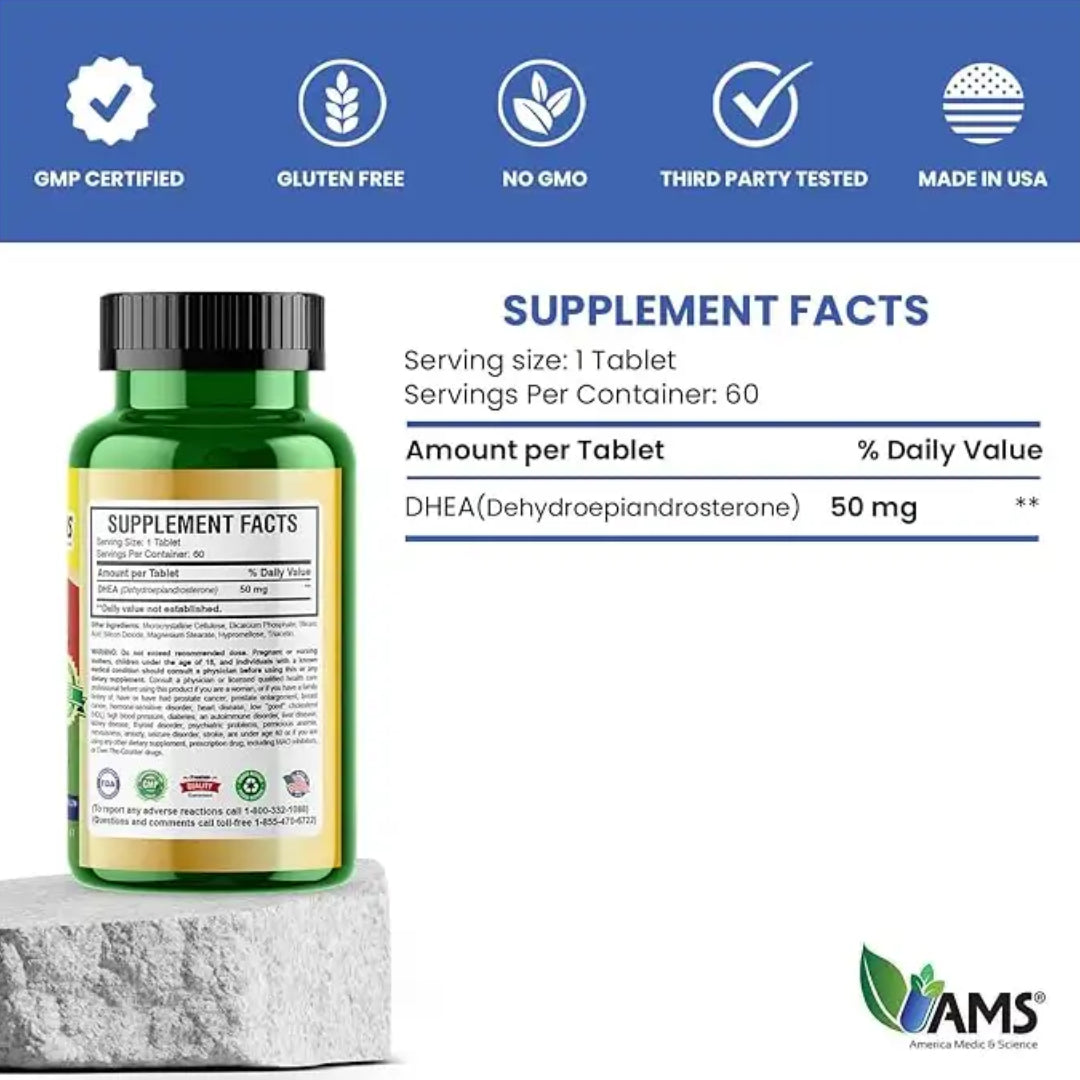AMS DHEA 50mg Tablets 60s provide 50 mg of DHEA