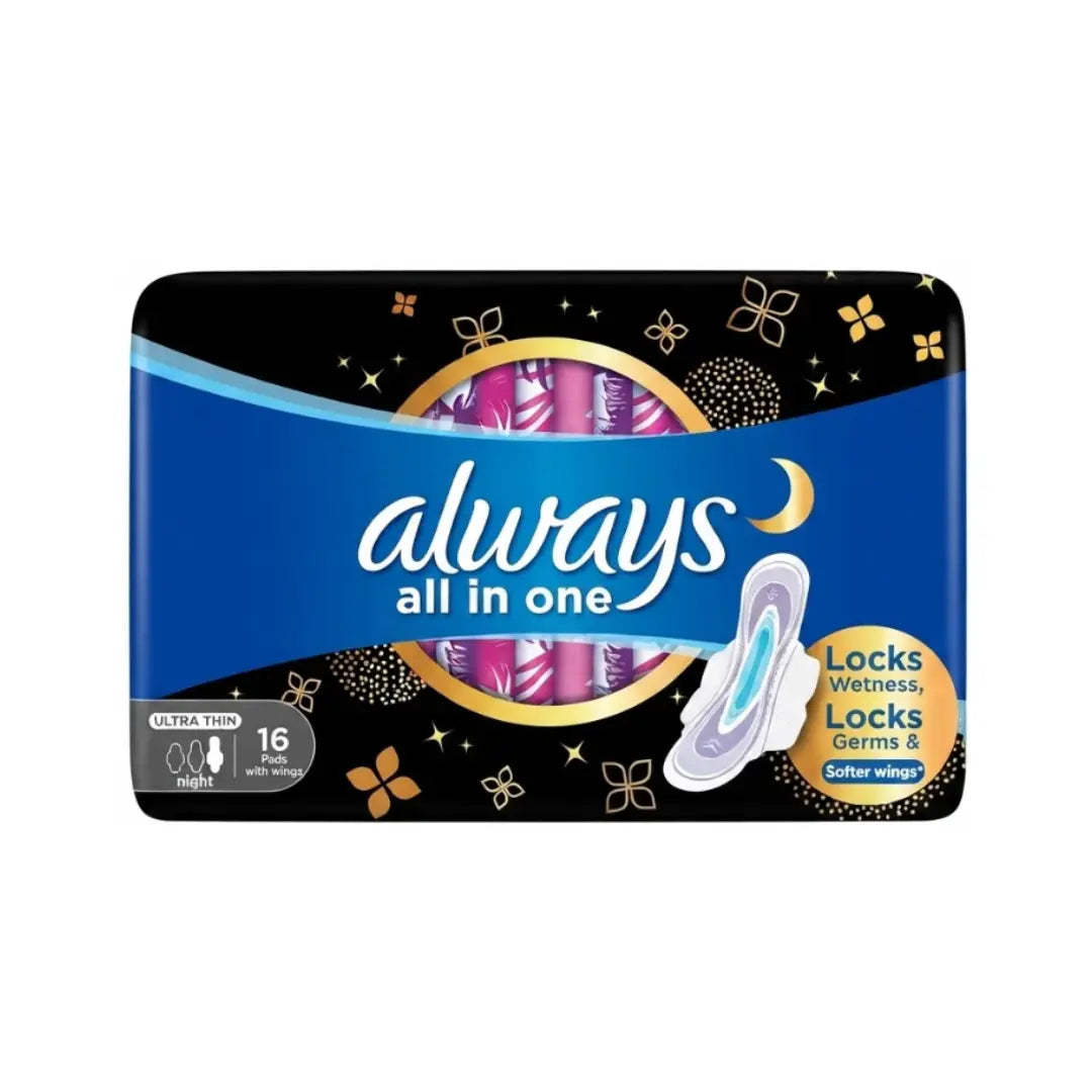 Always All In One Ultra Thin Night Pads with Wings 16s – Overnight Sanitary Pads for Comfortable Protection