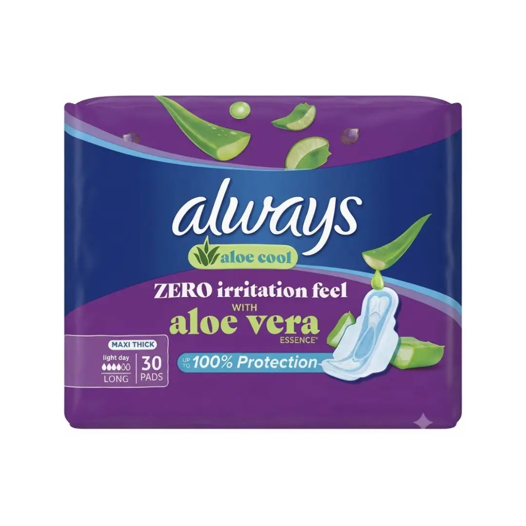 Always Aloe Cool Maxi Thick Long Pads with Wings 30s 45919 – Comfortable Menstrual Pads with Aloe Freshness