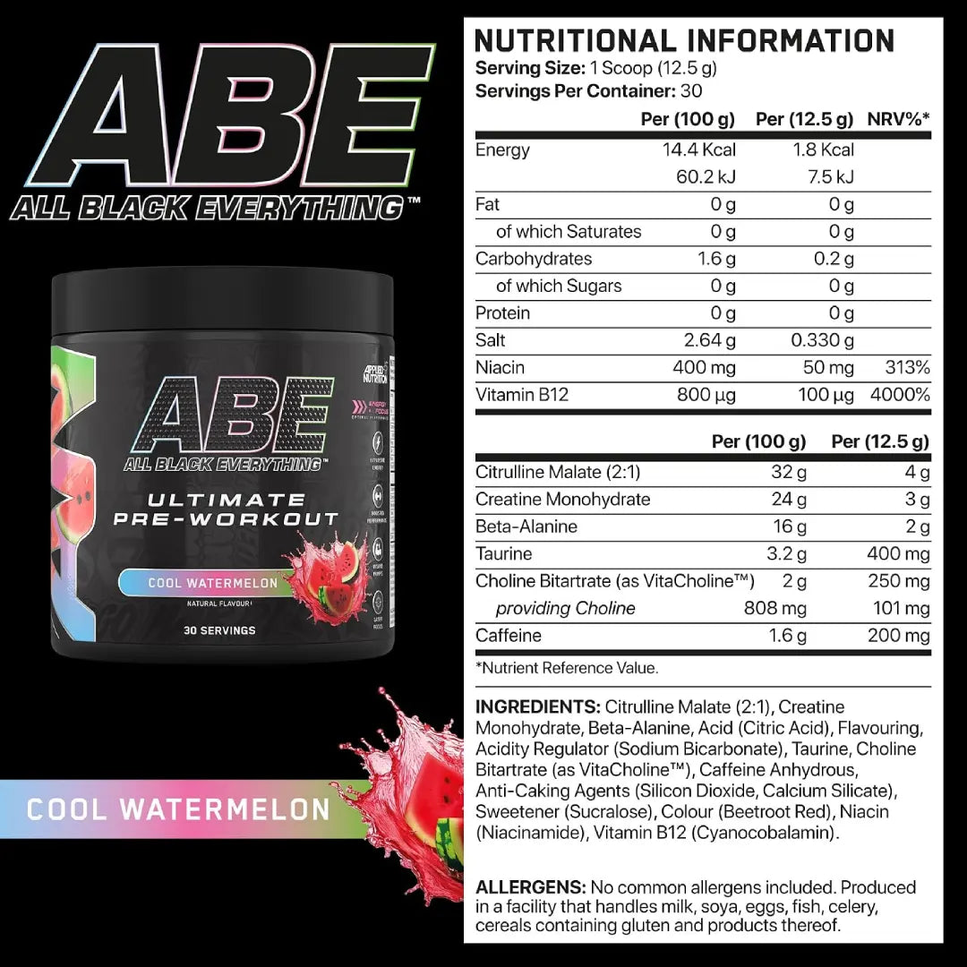Applied Nutrition ABE Ultimate Pre Workout Cool Watermelon Flavour 375g Serv 30