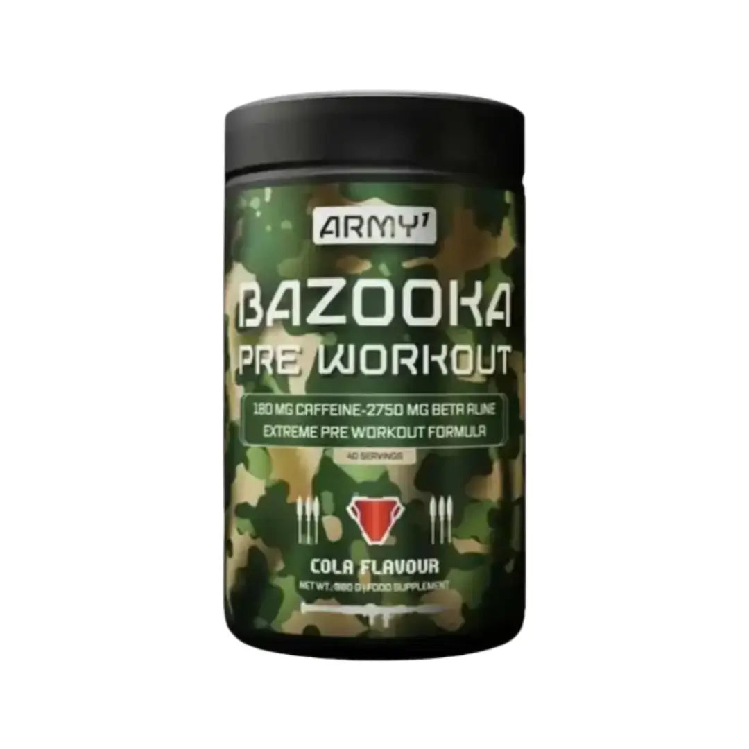 Army 1 Bazooka Pre Workout 380 g Cola flavour, extreme pre-workout formula supplement tub with cola flavour branding, indicating 40 servings, designed for energy and performance