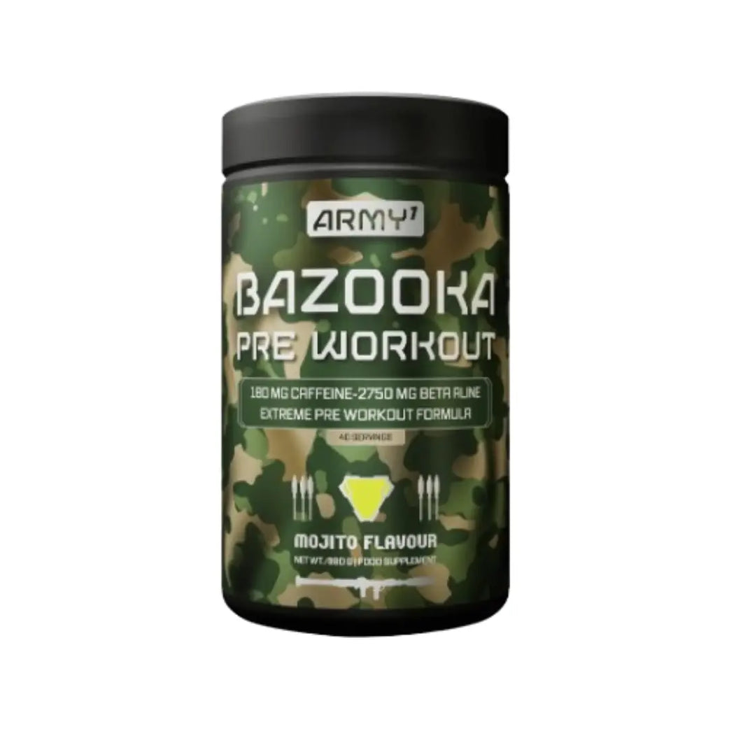 Army 1 Bazooka Pre Workout 380 g container, Mojito flavour pre-workout supplement powder, 40 servings, bold military-style label with green accents, nutrition and branding text visible.