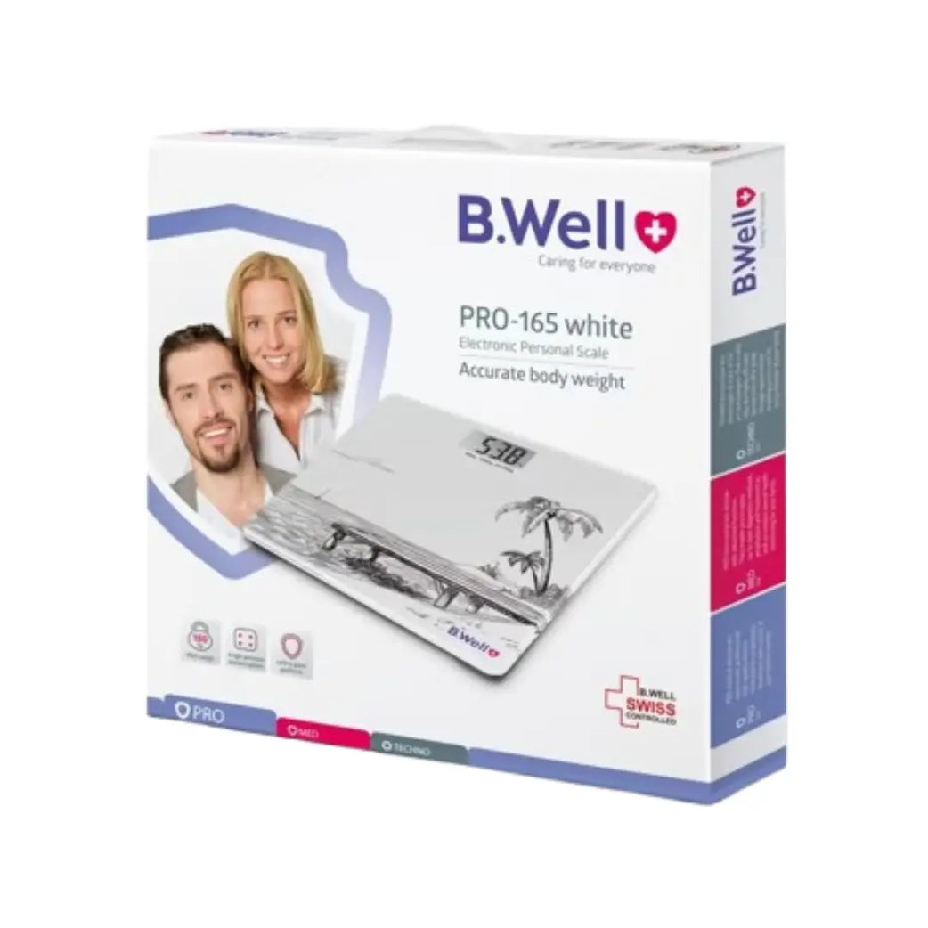 B.Well Electronic Personal Scale PRO-165 White – Digital Body Weight Scale with Tempered Glass, 180kg Capacity