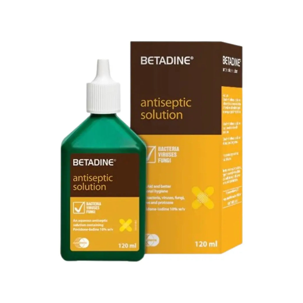Betadine Antiseptic Solution 120ml – povidone-iodine solution for wound cleaning and infection prevention