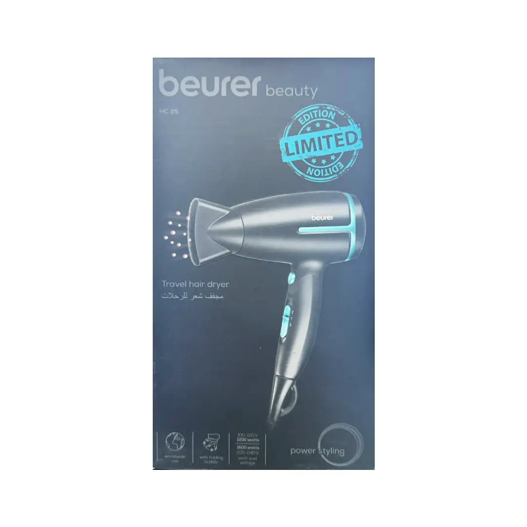 Beurer Beauty Travel Hair Dryer HC 25 Limited Edition – Foldable Ionic Hair Dryer with Dual Voltage