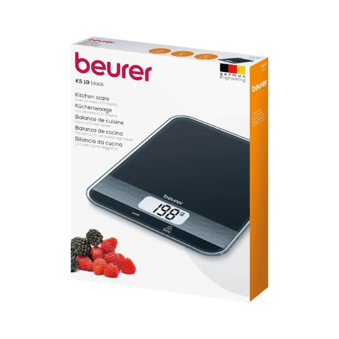 Beurer Kitchen Scale KS 19 Black – Digital Glass Food Scale with Tare Function, 5kg Capacity