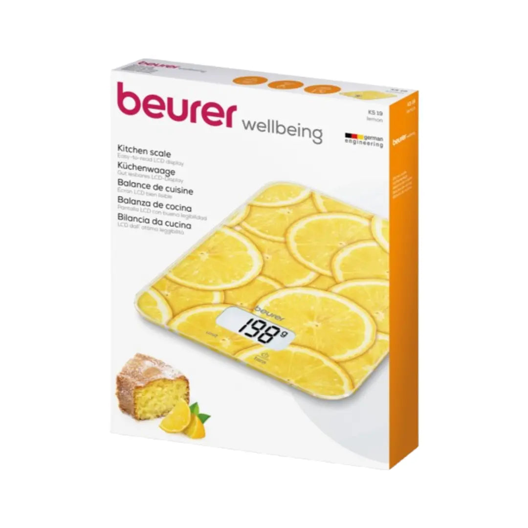 Beurer Kitchen Scale KS 19 Lemon – Digital Glass Food Scale with Tare Function, 5kg Capacity