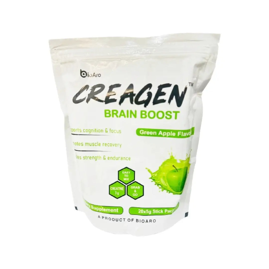 BioAro Creagen Brain Boost Green Apple Stick Packs 5g x 20s – Cognitive Support & Daily Wellness Supplement
