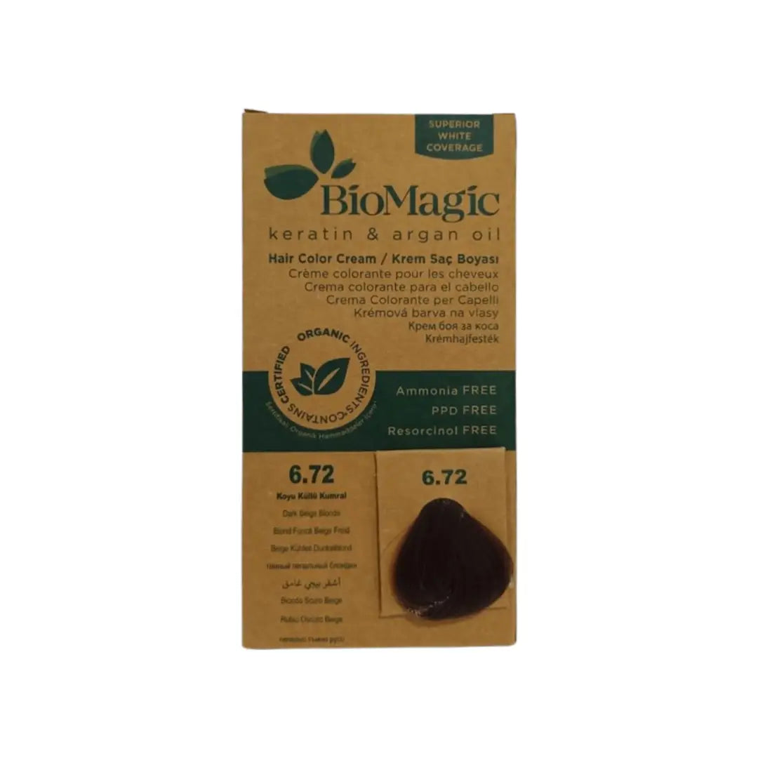 BioMagic Hair Color Dark Beige Blonde 6.72 hair dye box packaging