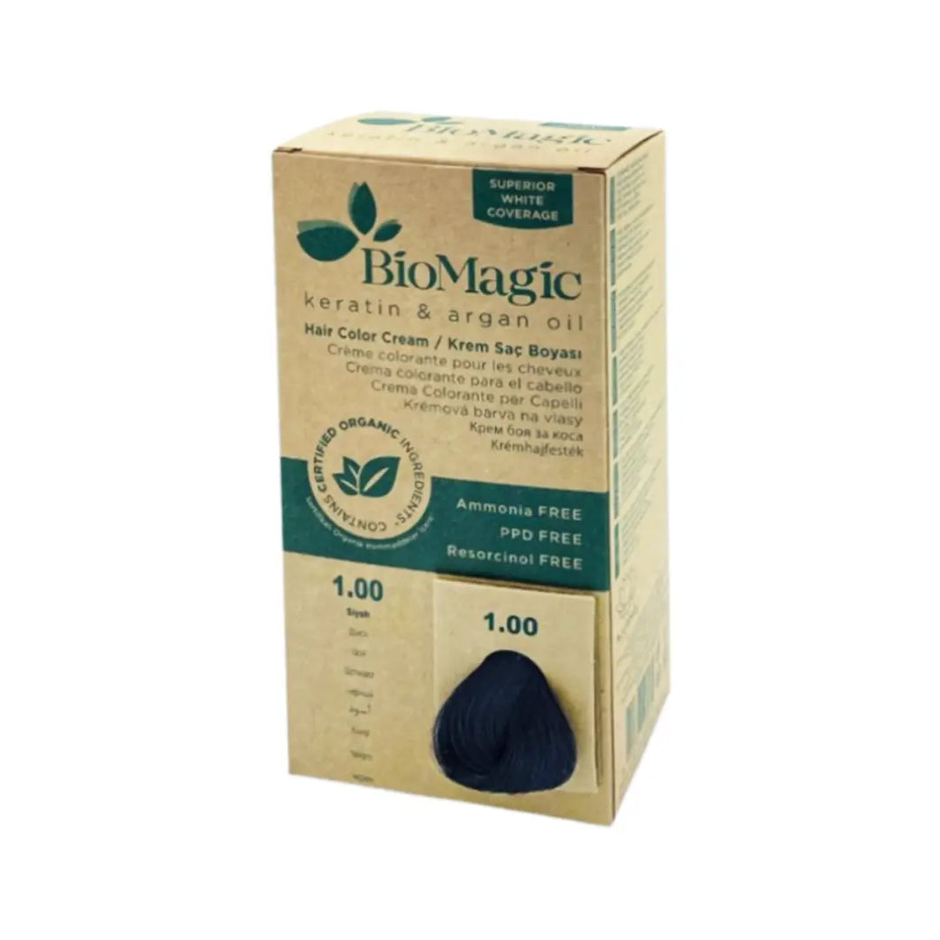 BioMagic Hair Color Black 1.00 - Permanent Hair Dye for Intense Black Color & Grey Coverage