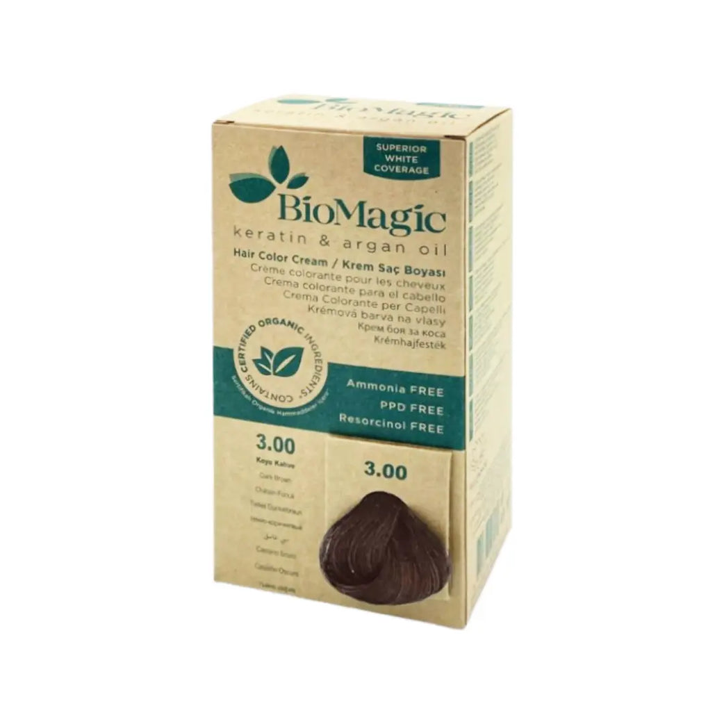 BioMagic Hair Color Cream 3.00 Dark Brown – Permanent Hair Dye with Keratin & Argan Oil