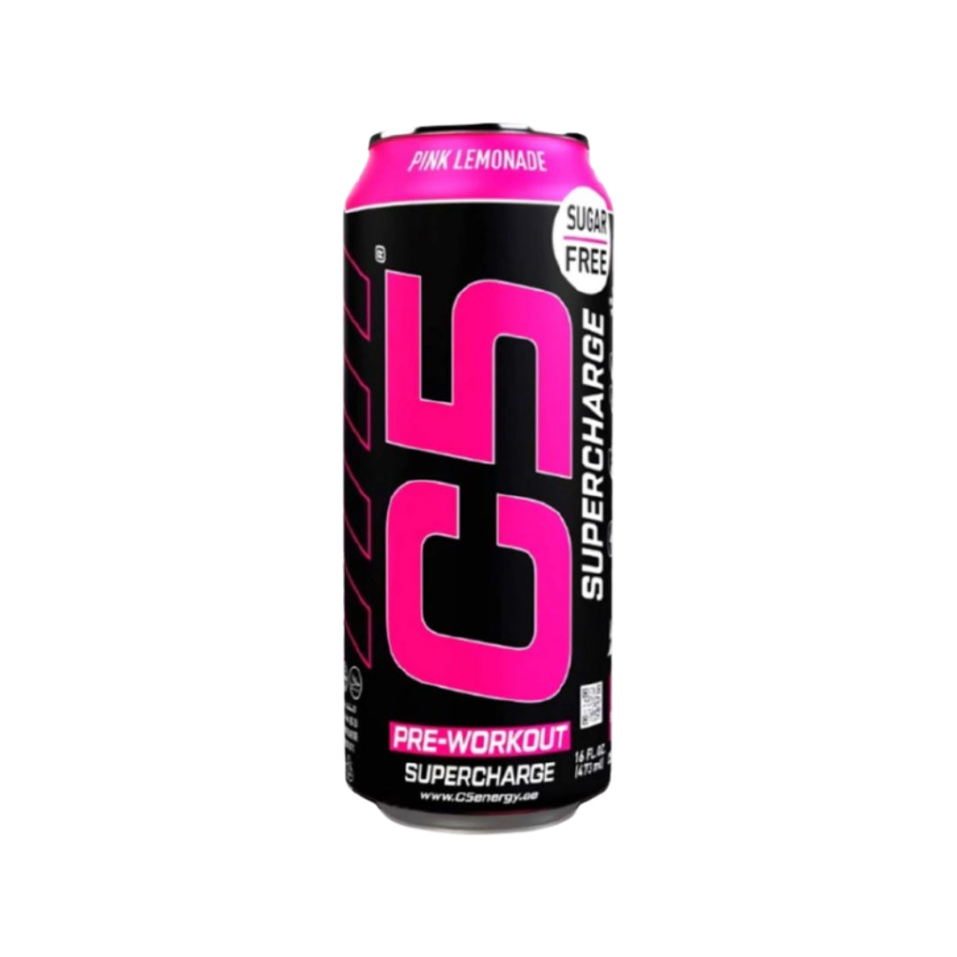 C5 Pre-Workout Supercharged Drink Pink Lemonade 473ml ready-to-drink pre-workout beverage with caffeine and beta-alanine.