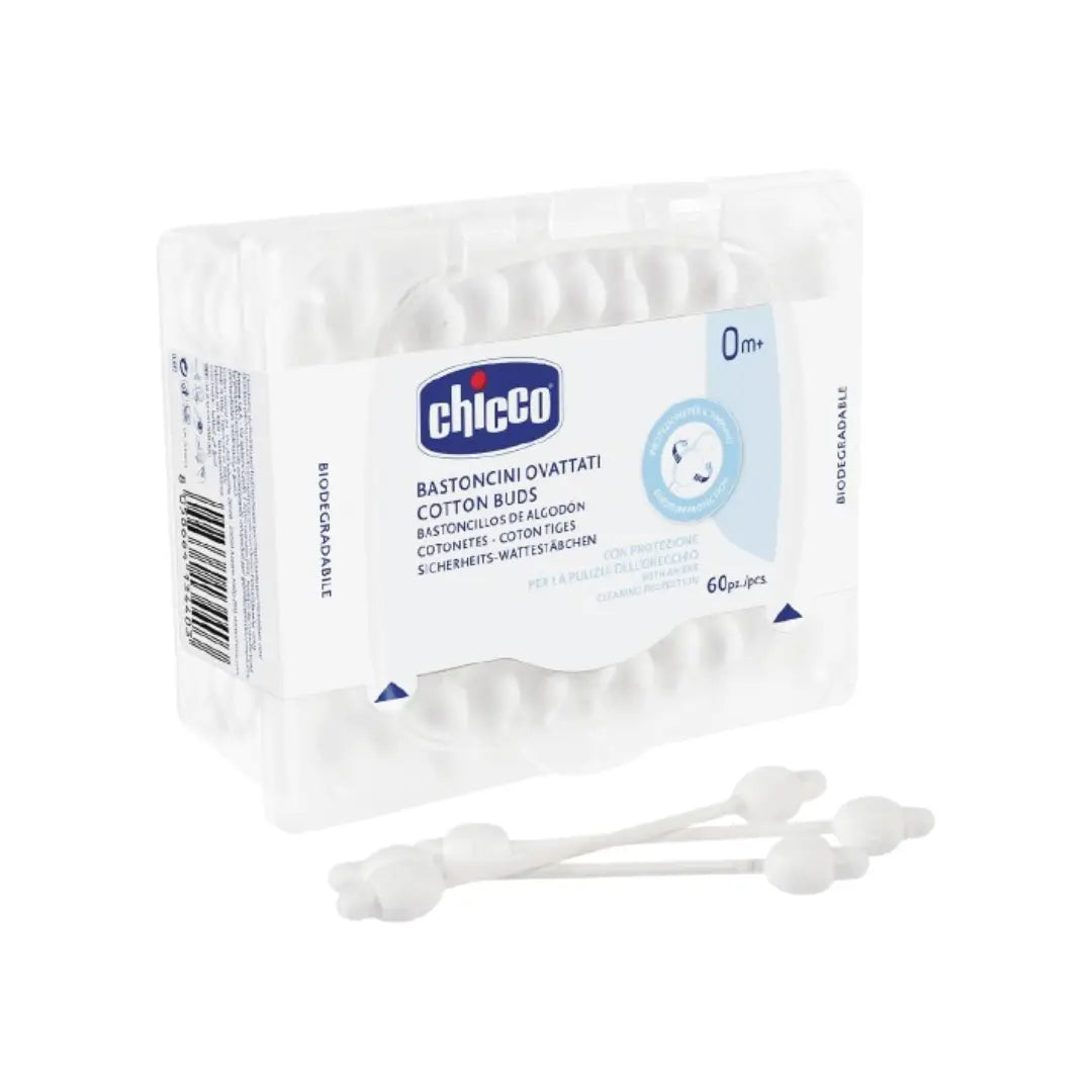 Chicco Cotton Buds with Ear Drum Protection 60s | Baby Safe Ear Safety Cotton Swabs