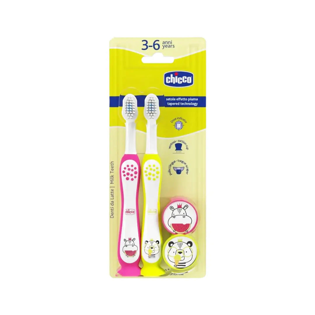 Chicco Kids Hippo & Panda Toothbrush 3-6 Years 2 Pack | Soft Bristle Children's Toothbrush
