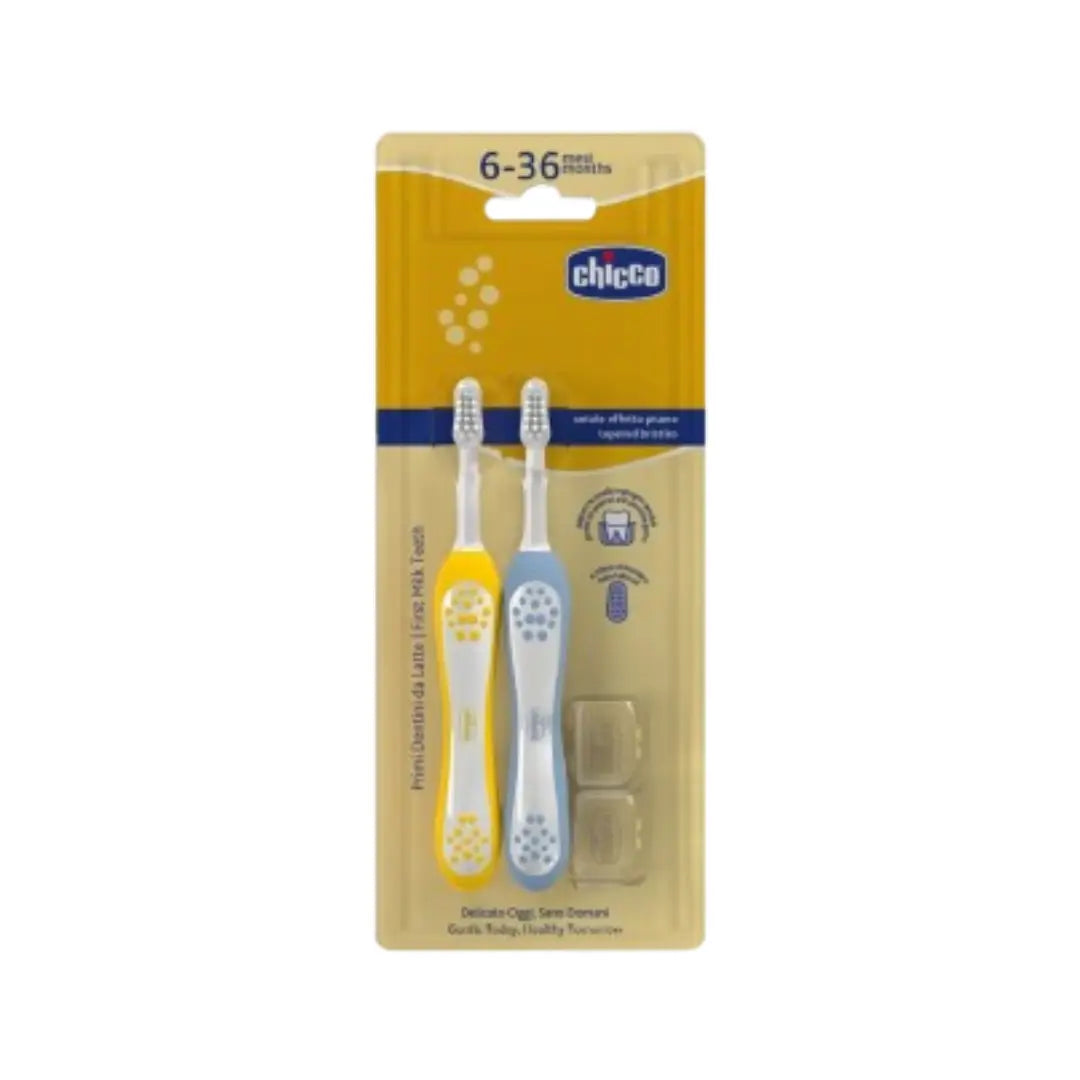 Chicco Kids Toothbrush 6-36 Months Gray & Mustard 2 Pack | Extra Soft Baby & Toddler Toothbrush