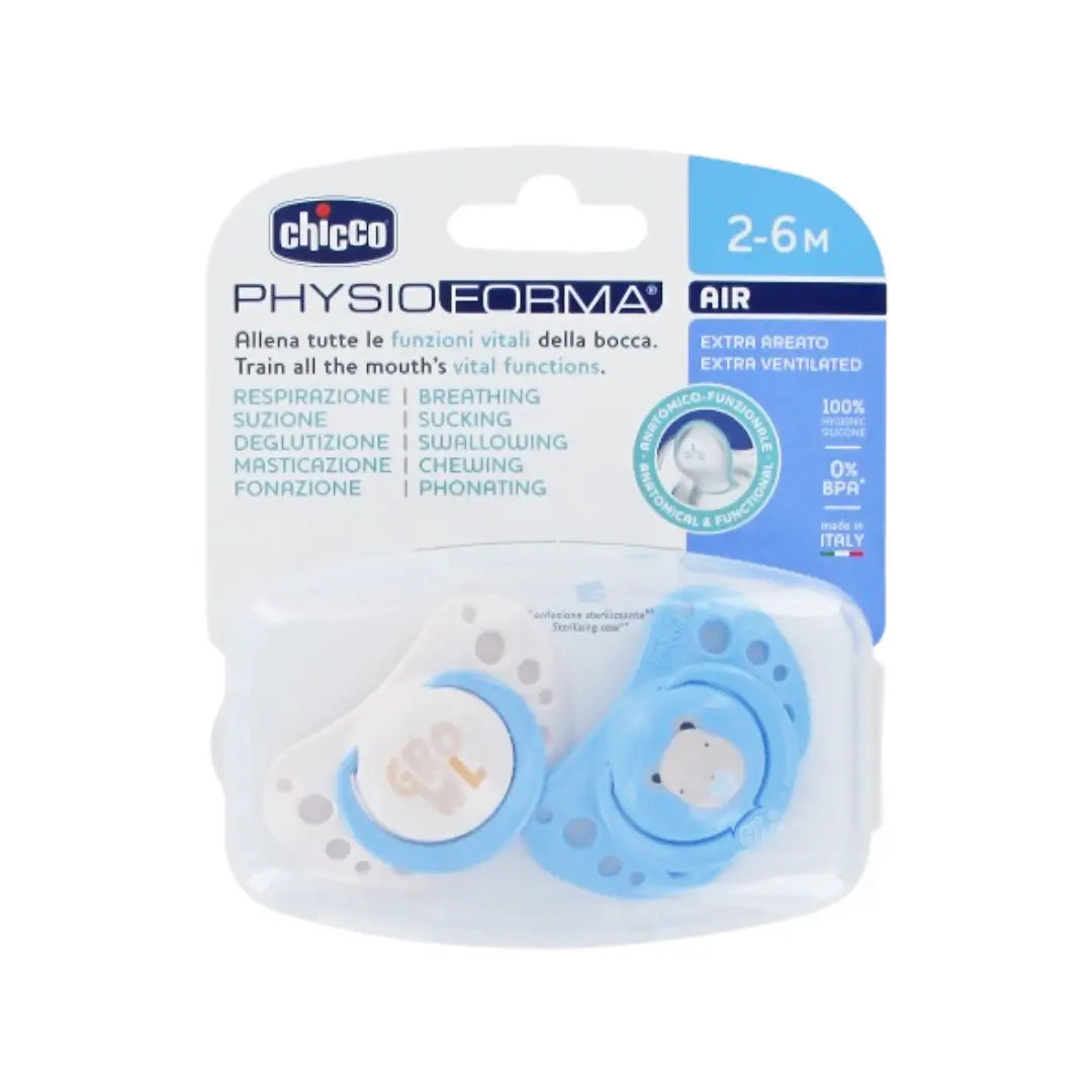 Chicco PhysioForma Air Blue Soother 2-6 Months 2 Pack | Orthodontic Baby Pacifier with Breathable Shield