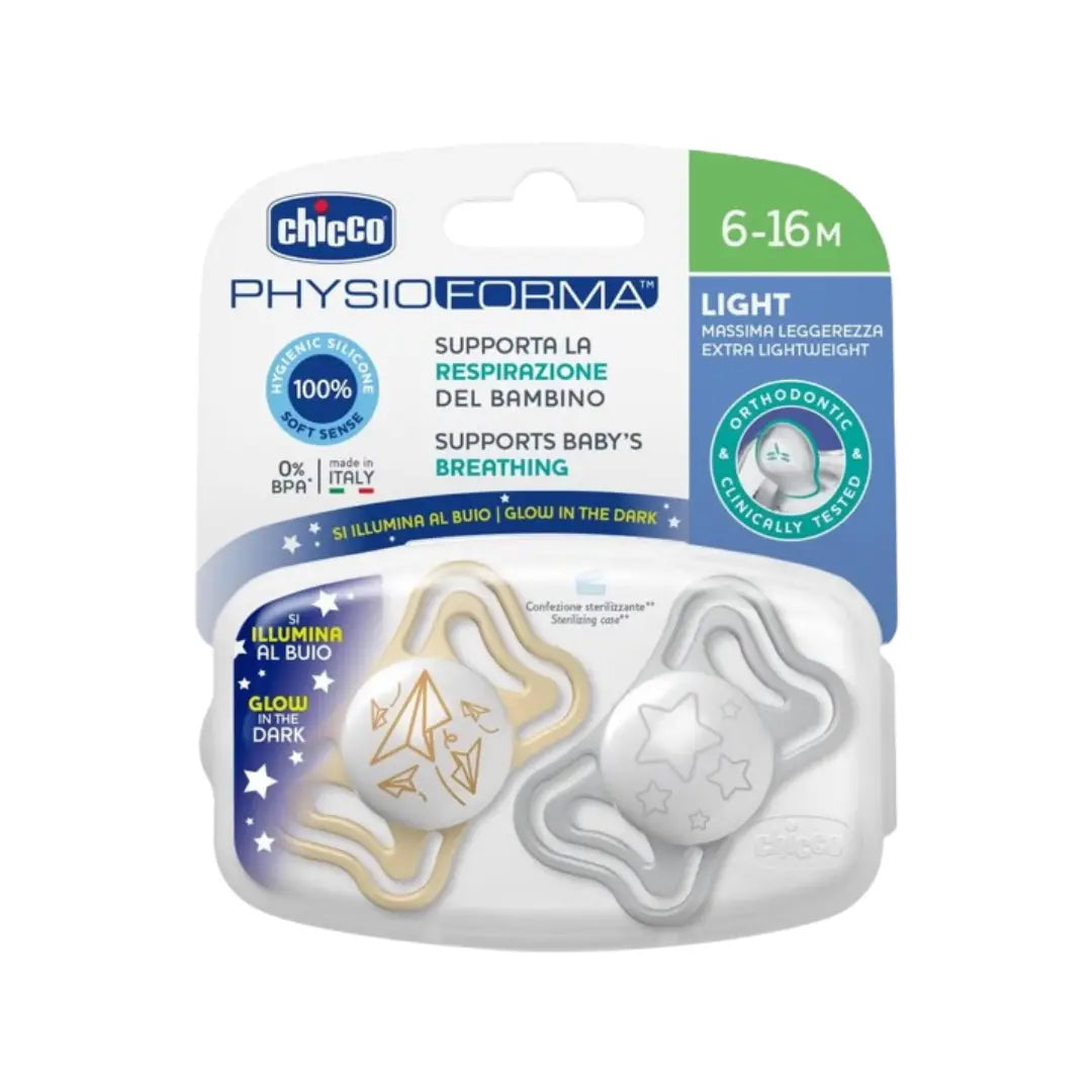 Chicco PhysioForma Light Glow Soother 6-16 Months 2 Pack | Glow in the Dark Orthodontic Pacifier