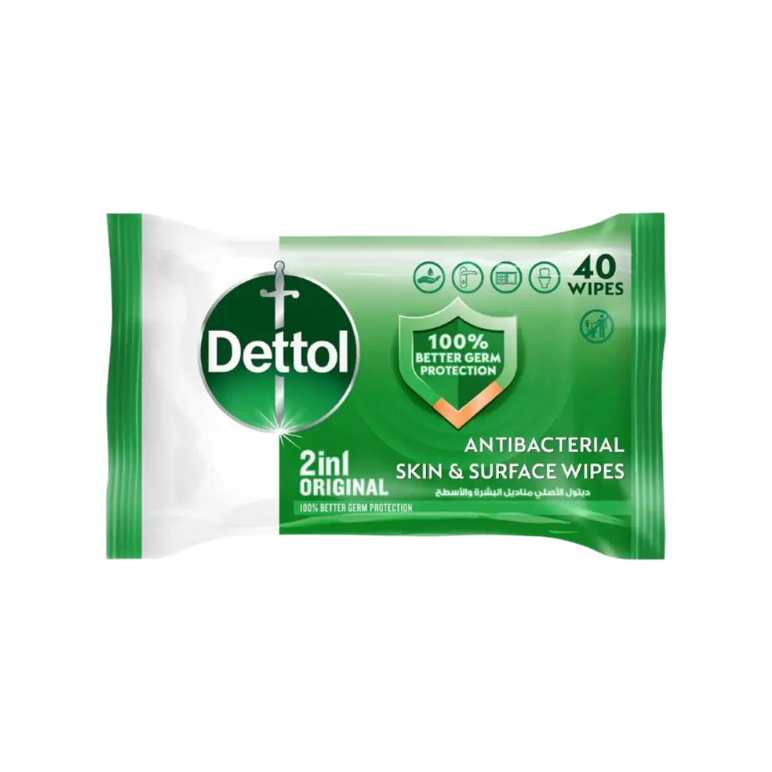Dettol 2in1 Original Antibacterial Wipes 40s Skin and Surface Cleaning Travel Hygiene Wipes