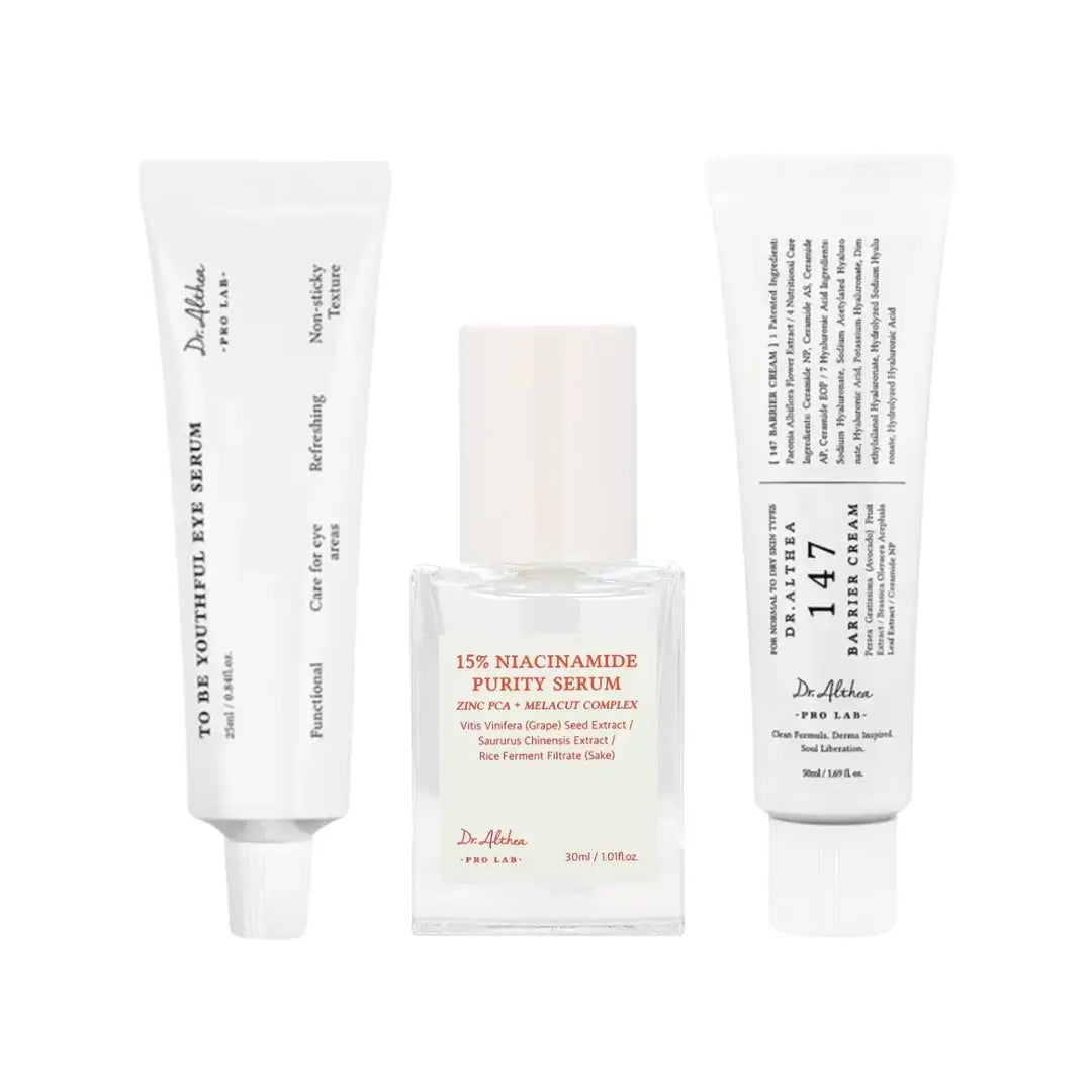 Dr. Althea Niacinamide Skincare Set | Purity Serum 30ml, 147 Barrier Cream 50ml & Youthful Eye Serum 25ml
